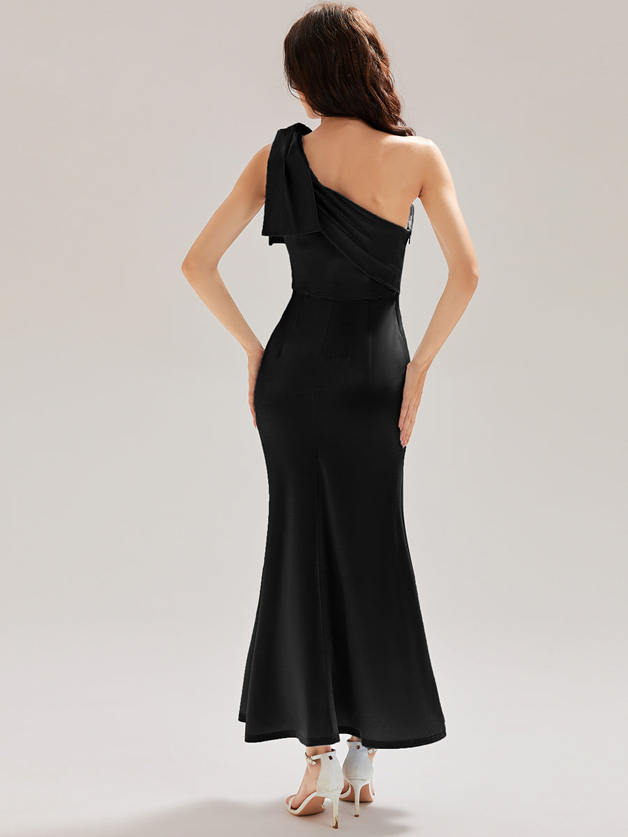 Color=Black | Custom Made Slightly Stretchy One Shoulder Tie-Front Fishtail Midi Evening Dresses-Black 5