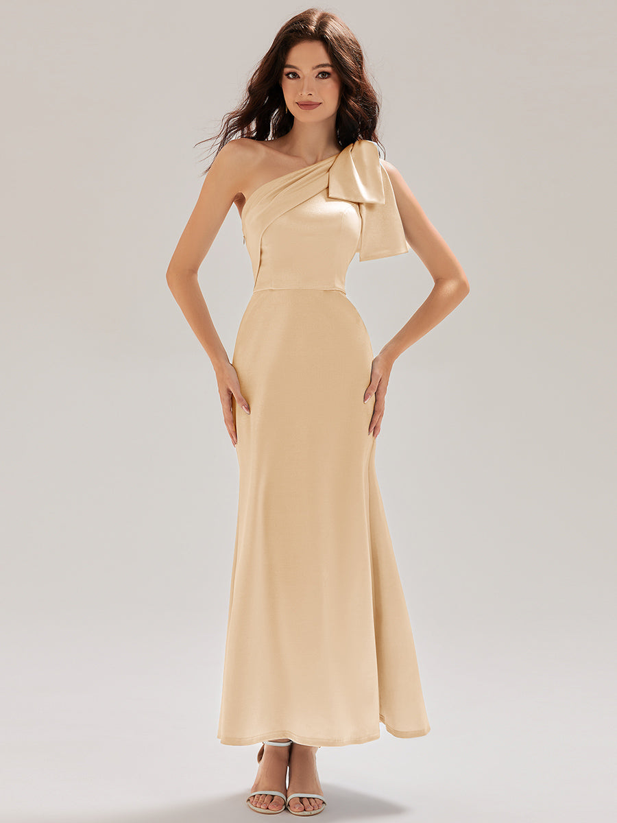Color=Champagne | Custom Made Slightly Stretchy One Shoulder Tie-Front Fishtail Midi Evening Dresses-Champagne 7