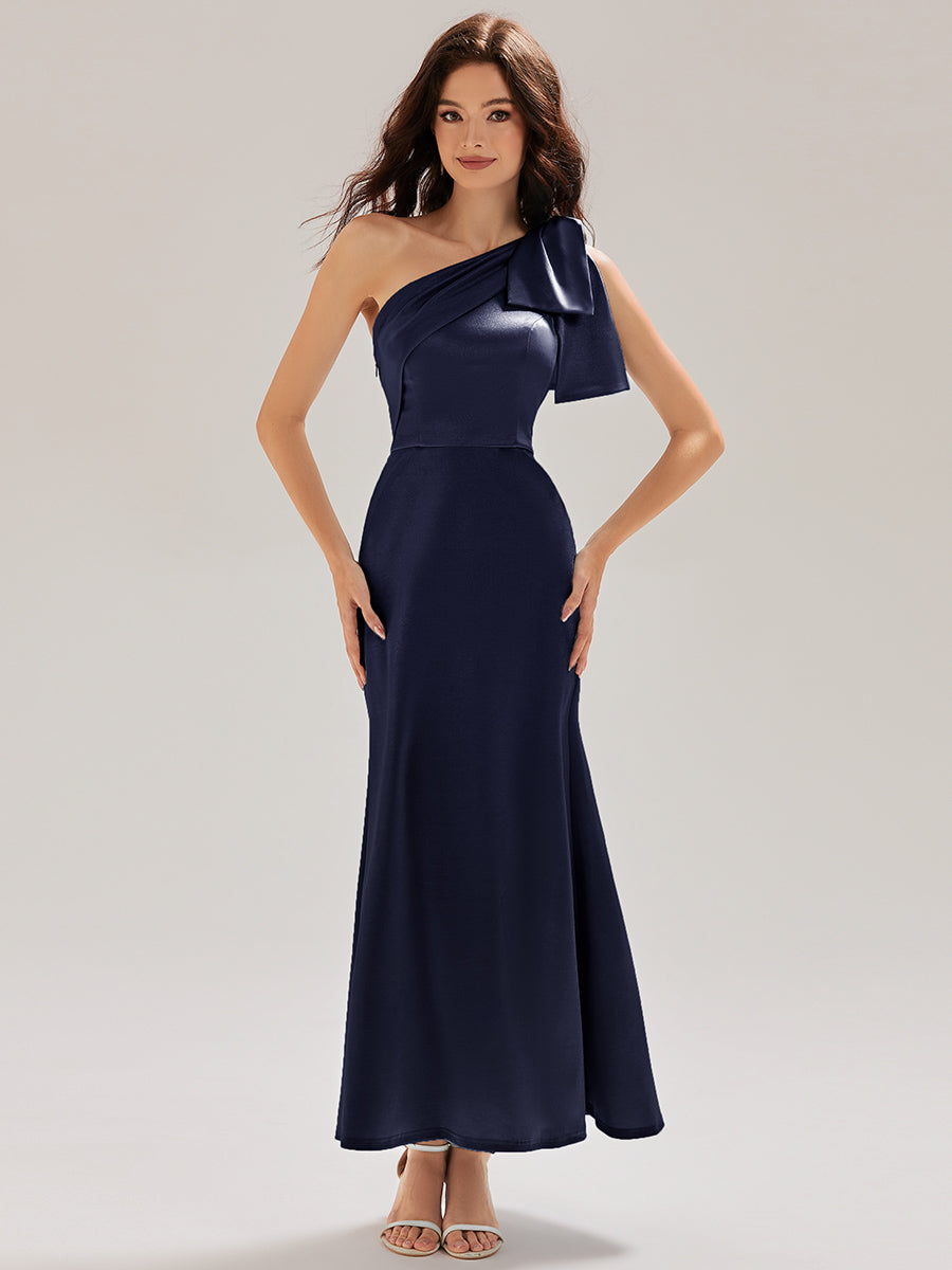 Color=Navy Blue | Custom Made Slightly Stretchy One Shoulder Tie-Front Fishtail Midi Evening Dresses-Navy Blue 15
