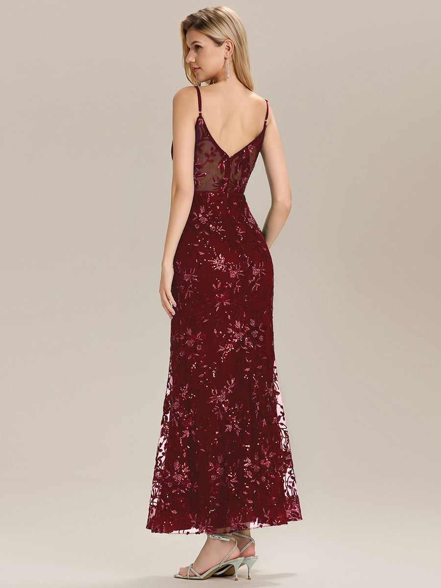 Color=Burgundy | Custom Made Sleeveless Deep V-Neck Backless Sequin Fishtail Evening Dresses-Burgundy 2