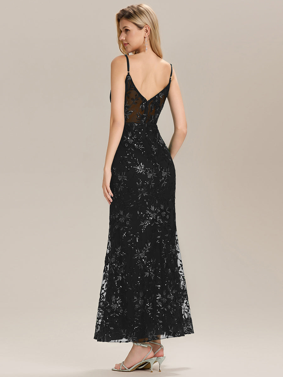 Color=Black | Custom Made Sleeveless Deep V-Neck Backless Sequin Fishtail Evening Dresses-Black 4