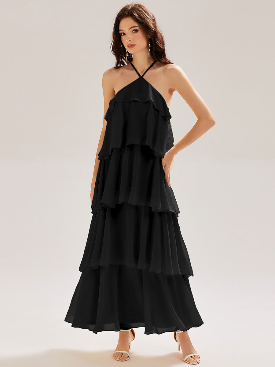 Color=Black | Custom Solutions Sleeveless Halter Neck Backless Tiered Floor Length Evening Dresses-Black 1