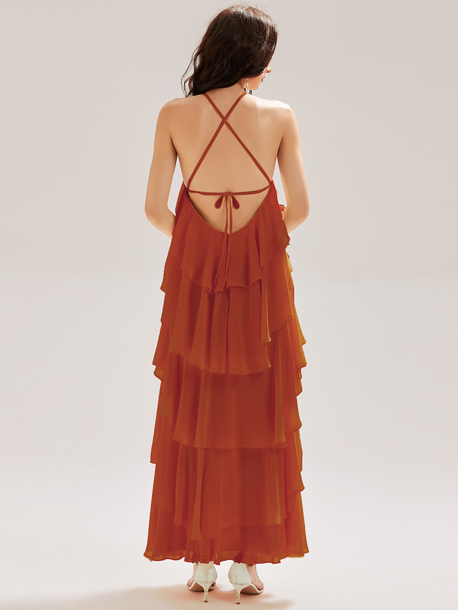 Color=Burnt Orange | Custom Solutions Sleeveless Halter Neck Backless Tiered Floor Length Evening Dresses-Burnt Orange 5