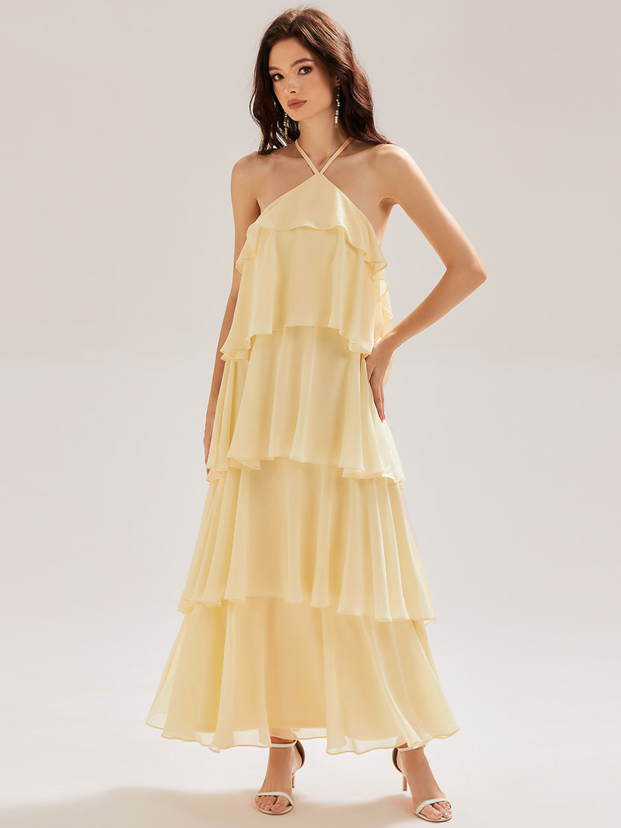 Color=Yellow | Custom Solutions Sleeveless Halter Neck Backless Tiered Floor Length Evening Dresses-Yellow 16