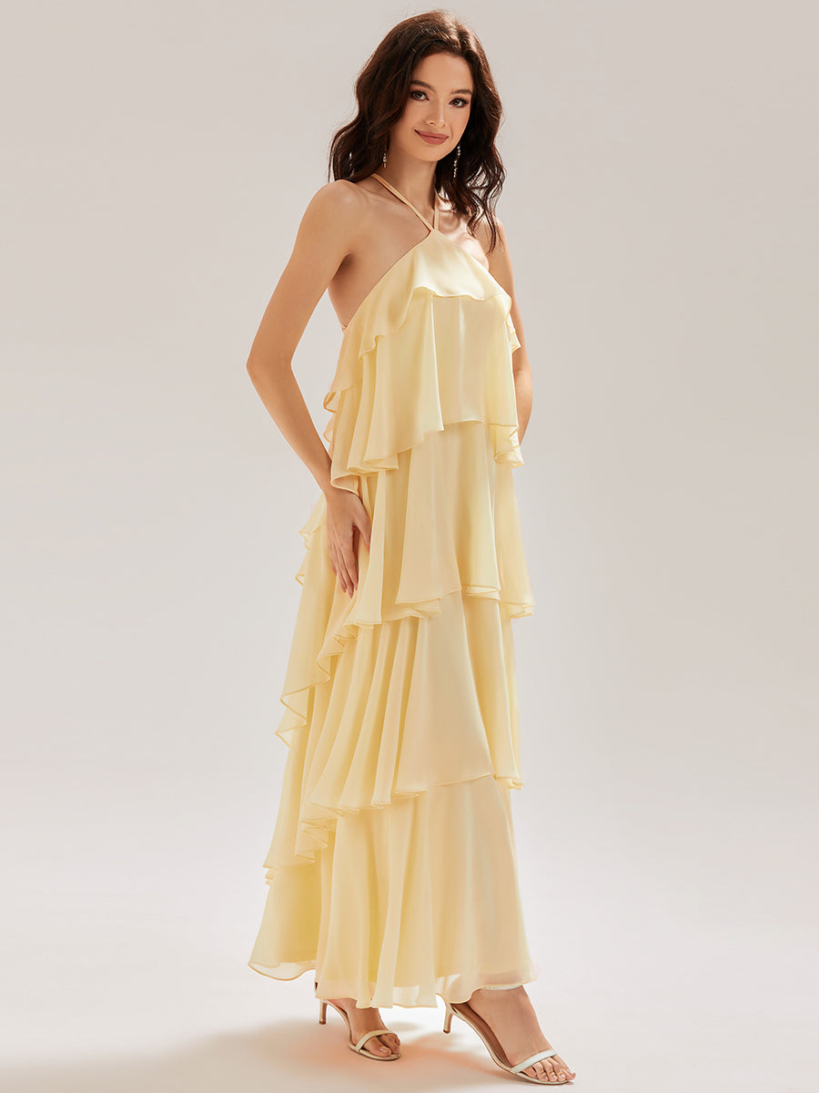 Color=Yellow | Custom Solutions Sleeveless Halter Neck Backless Tiered Floor Length Evening Dresses-Yellow 19