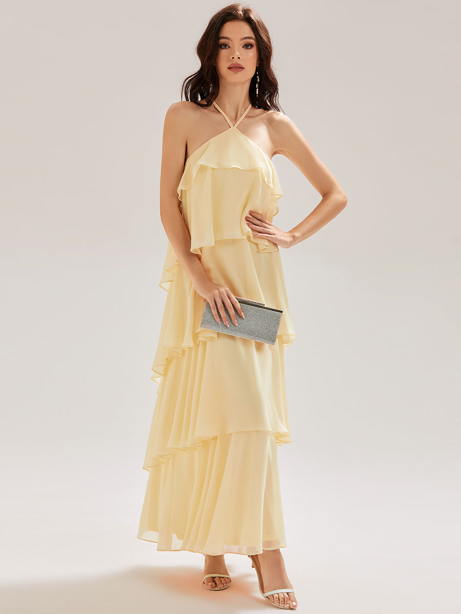 Color=Yellow | Custom Solutions Sleeveless Halter Neck Backless Tiered Floor Length Evening Dresses-Yellow 20