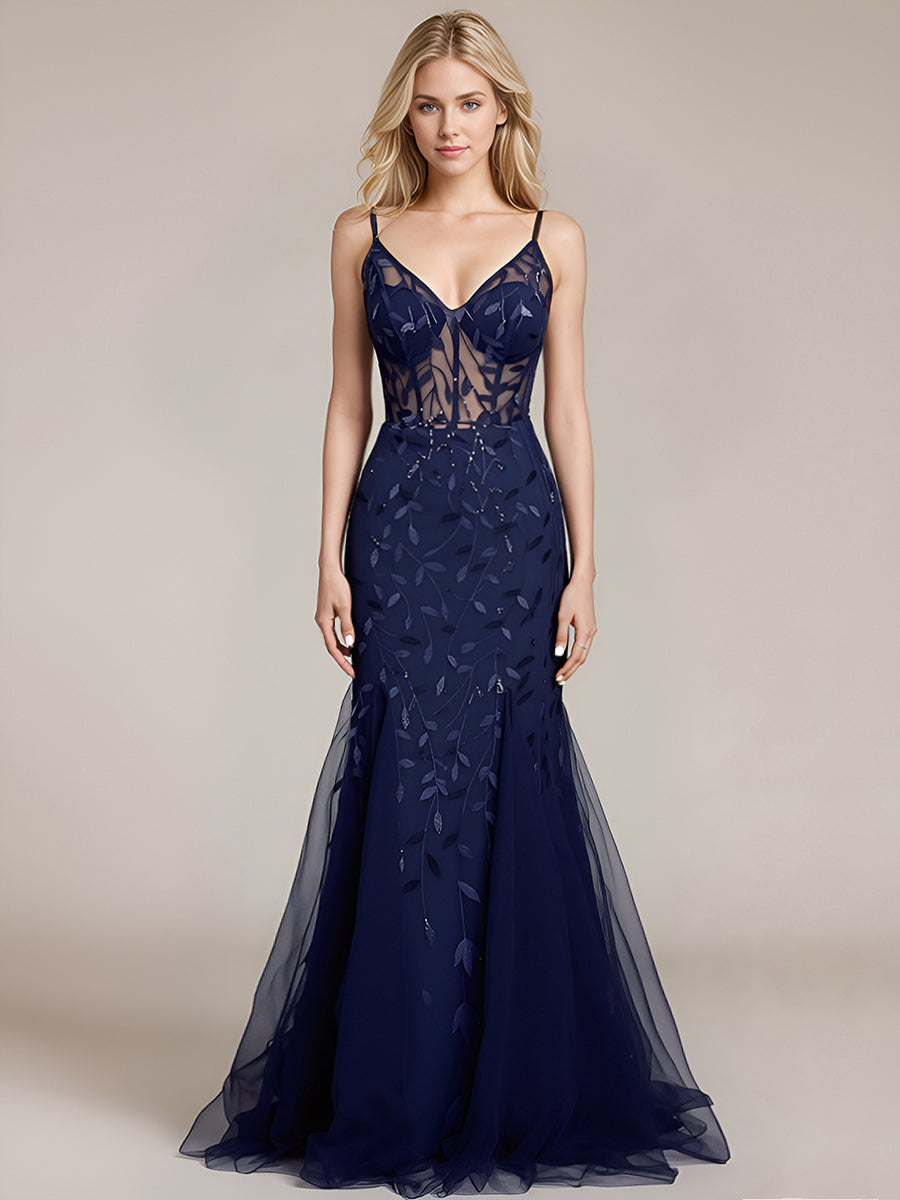 Color=Navy Blue | Custom Made Adjustable Spaghetti Straps Backless Fishtail Sweetheart Evening Dresses-Navy Blue 1