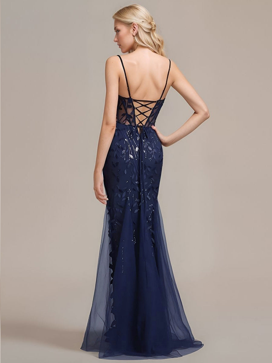 Color=Navy Blue | Custom Made Adjustable Spaghetti Straps Backless Fishtail Sweetheart Evening Dresses-Navy Blue 2
