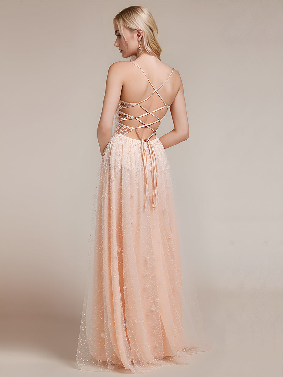 Tie Knot Sequin Sleeveless Evening Dress #color_Blush