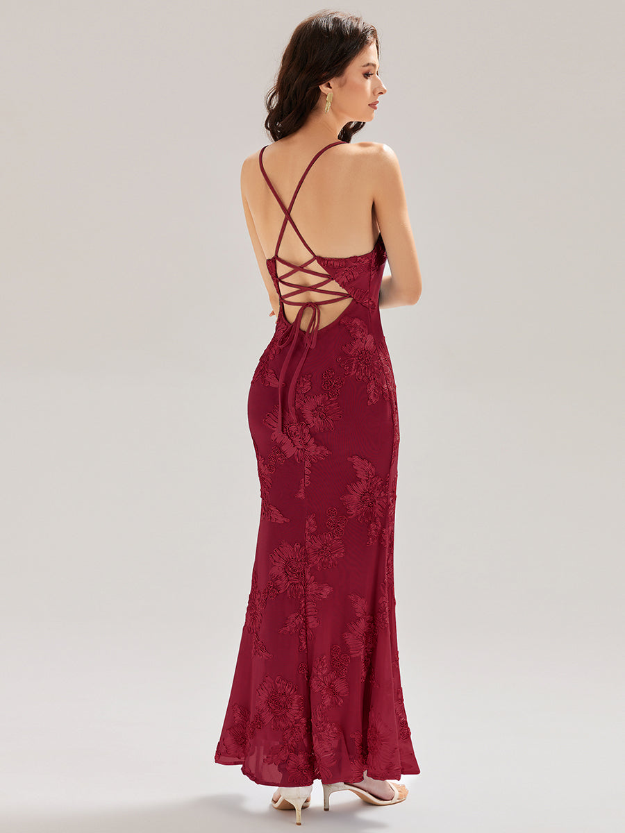 Color=Burgundy | Custom Solutions Adjustable Spaghetti Strap Backless Fishtail Maxi Evening Dresses-Burgundy 2