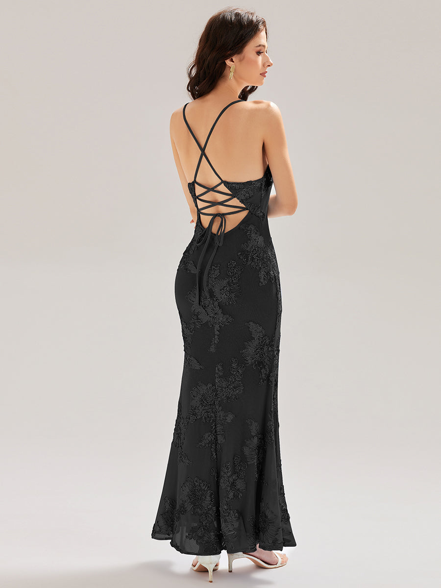 Color=Black | Custom Solutions Adjustable Spaghetti Strap Backless Fishtail Maxi Evening Dresses-Black 5