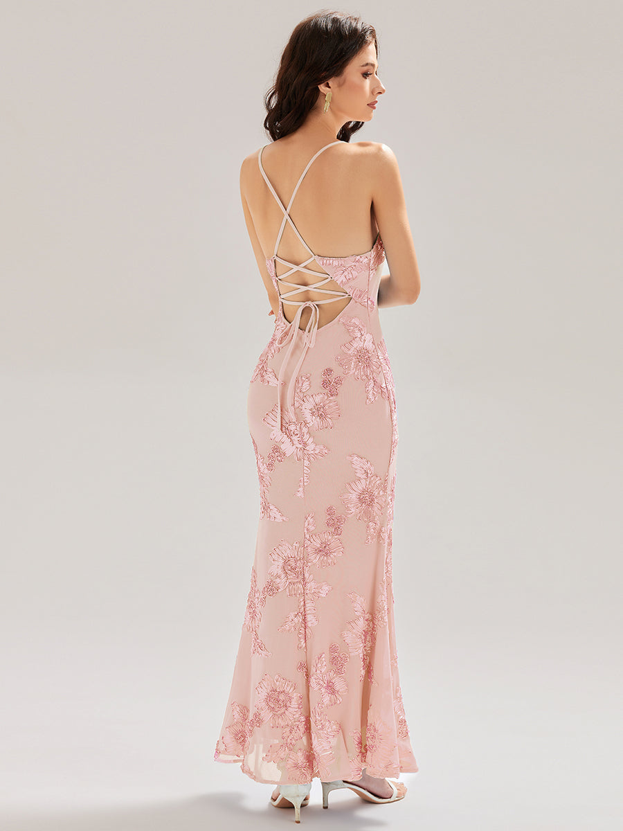 Color=Pink | Custom Solutions Adjustable Spaghetti Strap Backless Fishtail Maxi Evening Dresses-Pink 13
