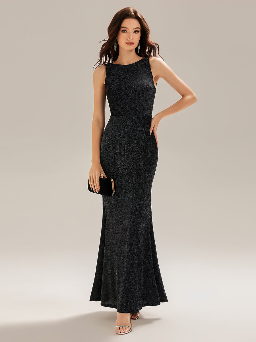 Color=Black | Custom Made Strapless High Stretch Fishtail Backless Round Neck Evening Dresses-Black 5