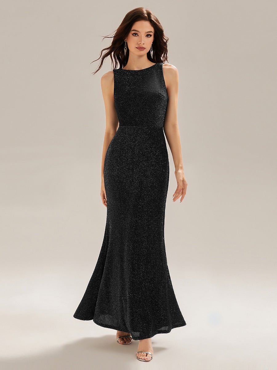 Color=Black | Custom Made Strapless High Stretch Fishtail Backless Round Neck Evening Dresses-Black 1