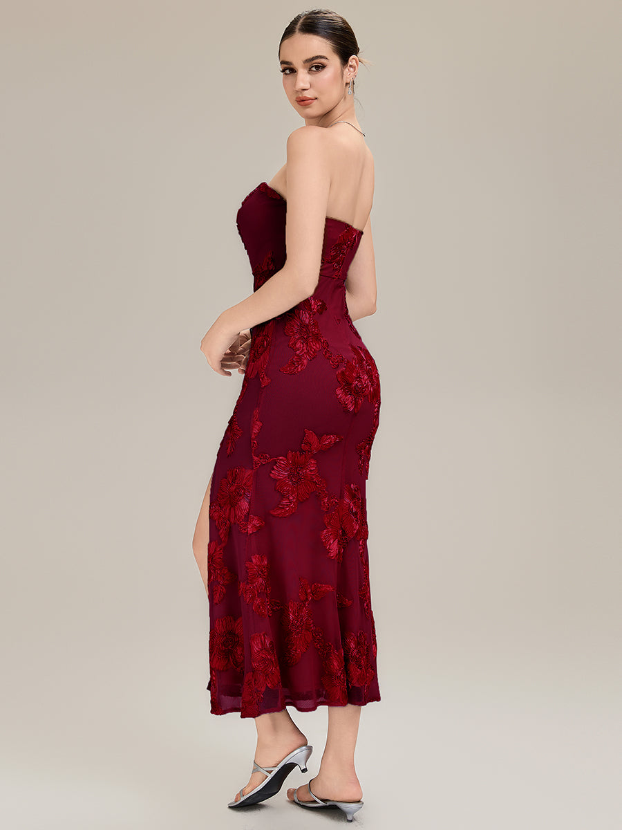 Color=Burgundy | Custom Solutions Strapless High Stretch Bodycon Maxi Dress with Thigh-High Slit Evening Dresses-Burgundy 2