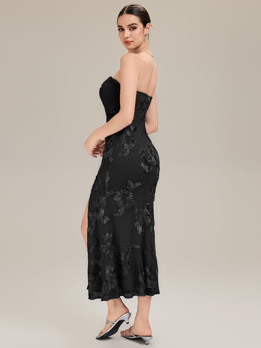 Color=Black | Custom Solutions Strapless High Stretch Bodycon Maxi Dress with Thigh-High Slit Evening Dresses-Black 5