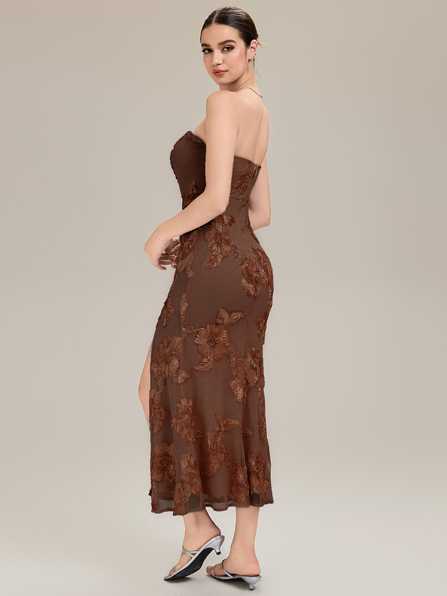 Color=Brown | Custom Solutions Strapless High Stretch Bodycon Maxi Dress with Thigh-High Slit Evening Dresses-Brown 8