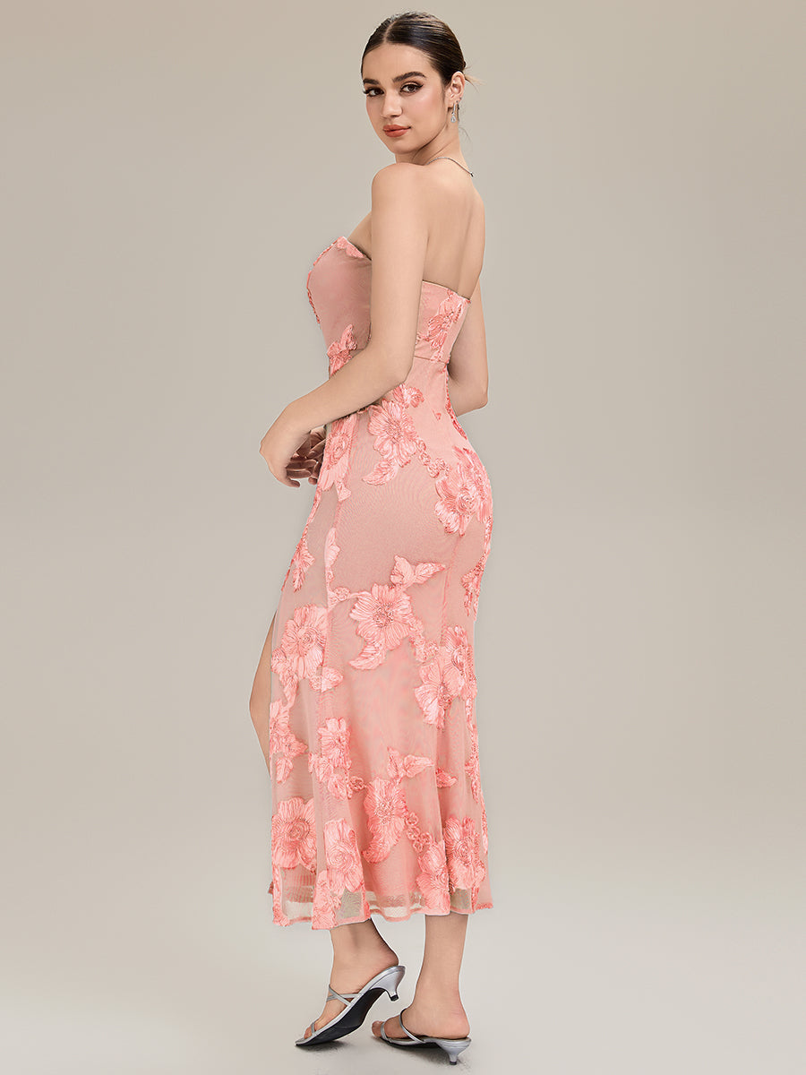 Color=Pink | Custom Solutions Strapless High Stretch Bodycon Maxi Dress with Thigh-High Slit Evening Dresses-Pink 19