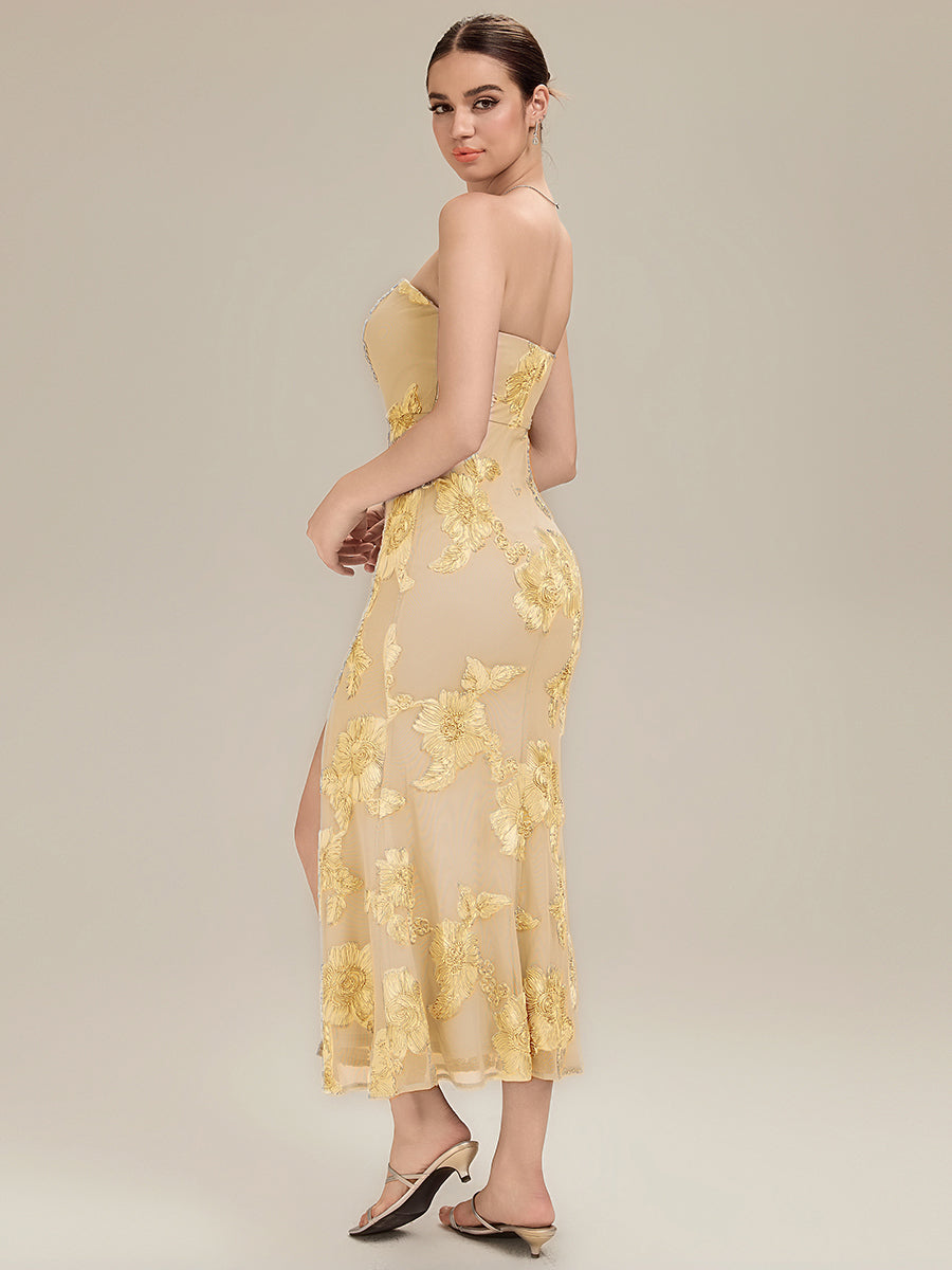 Color=Yellow | Custom Solutions Strapless High Stretch Bodycon Maxi Dress with Thigh-High Slit Evening Dresses-Yellow 22