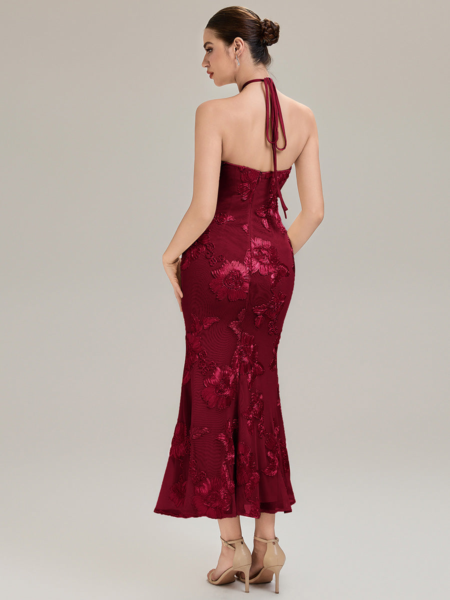 Color=Burgundy | Custom Solutions Sleeveless Halter Neck Floral Fishtail High Stretch Evening Dresses-Burgundy 2
