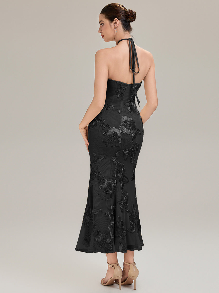 Color=Black | Custom Solutions Sleeveless Halter Neck Floral Fishtail High Stretch Evening Dresses-Black 5