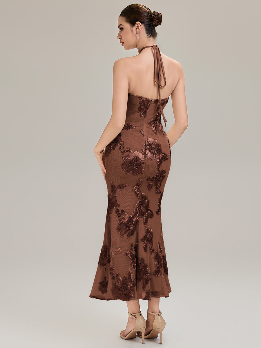 Color=Brown | Custom Solutions Sleeveless Halter Neck Floral Fishtail High Stretch Evening Dresses-Brown 8