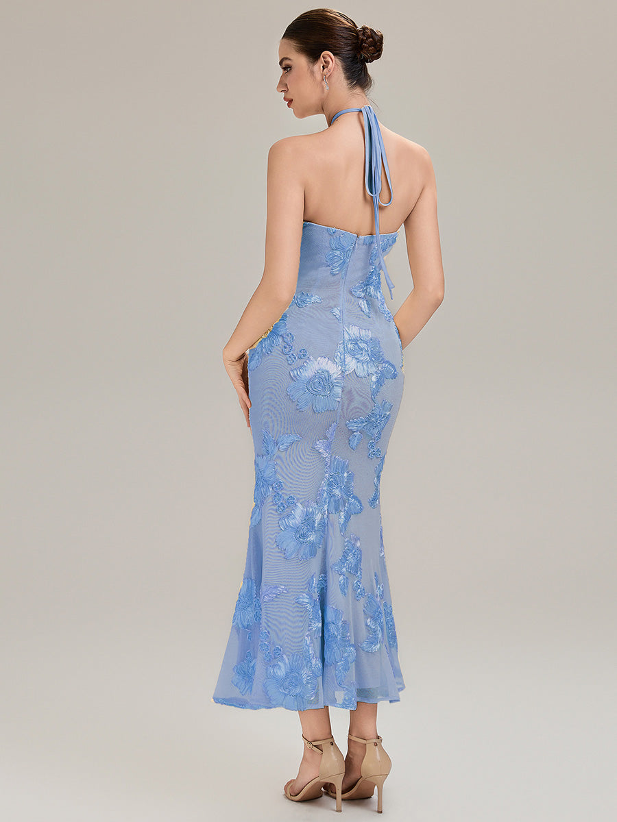 Color=Ice Blue | Custom Solutions Sleeveless Halter Neck Floral Fishtail High Stretch Evening Dresses-Ice Blue 11