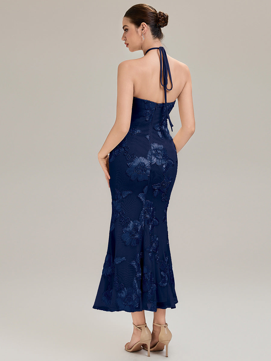 Color=Navy Blue | Custom Solutions Sleeveless Halter Neck Floral Fishtail High Stretch Evening Dresses-Navy Blue 14