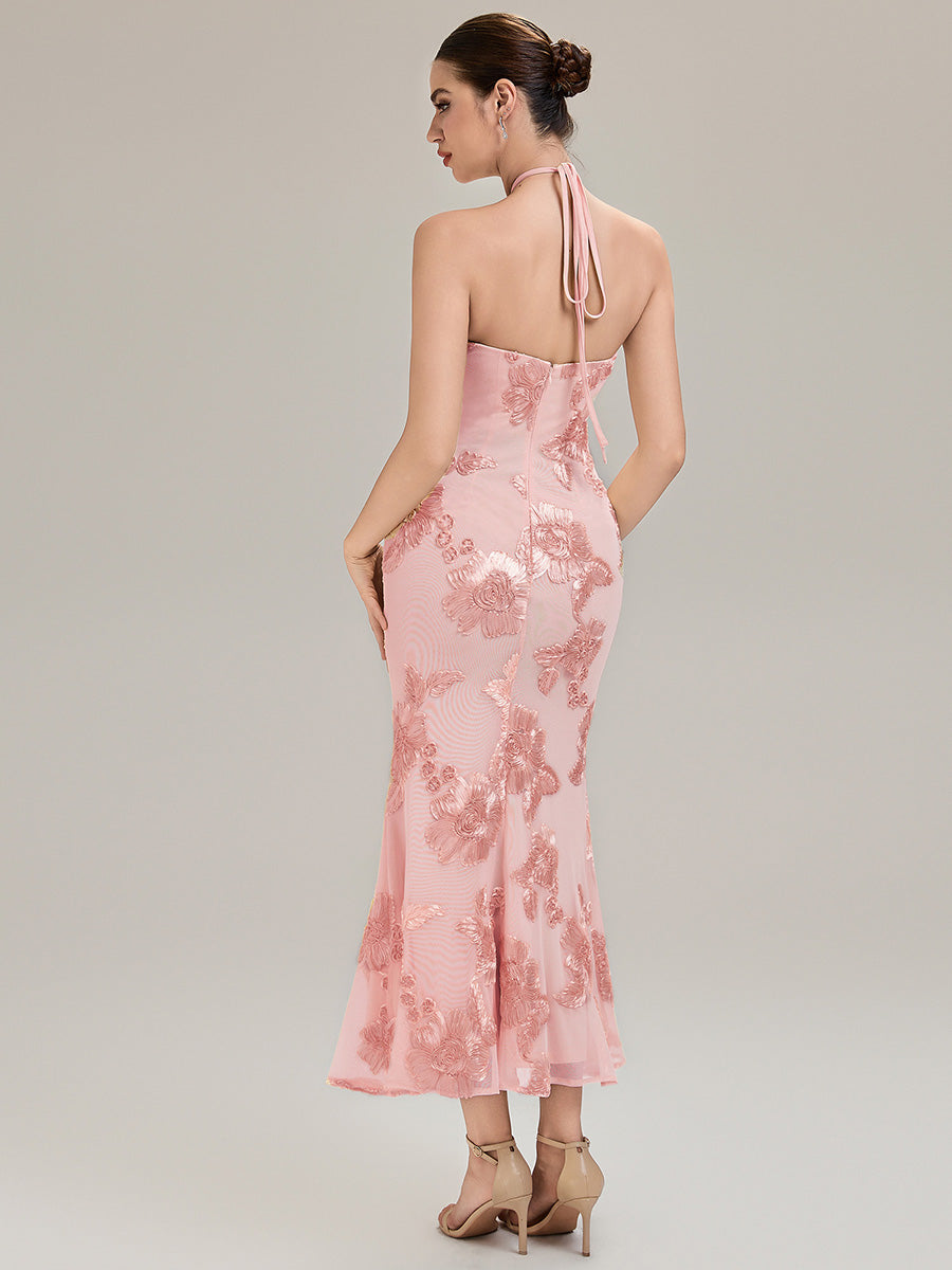Color=Pink | Custom Solutions Sleeveless Halter Neck Floral Fishtail High Stretch Evening Dresses-Pink 17