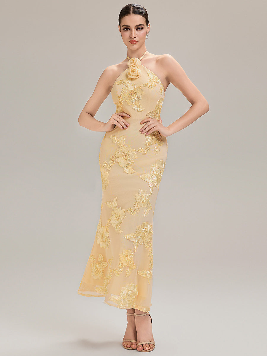 Color=Yellow | Custom Solutions Sleeveless Halter Neck Floral Fishtail High Stretch Evening Dresses-Yellow 22