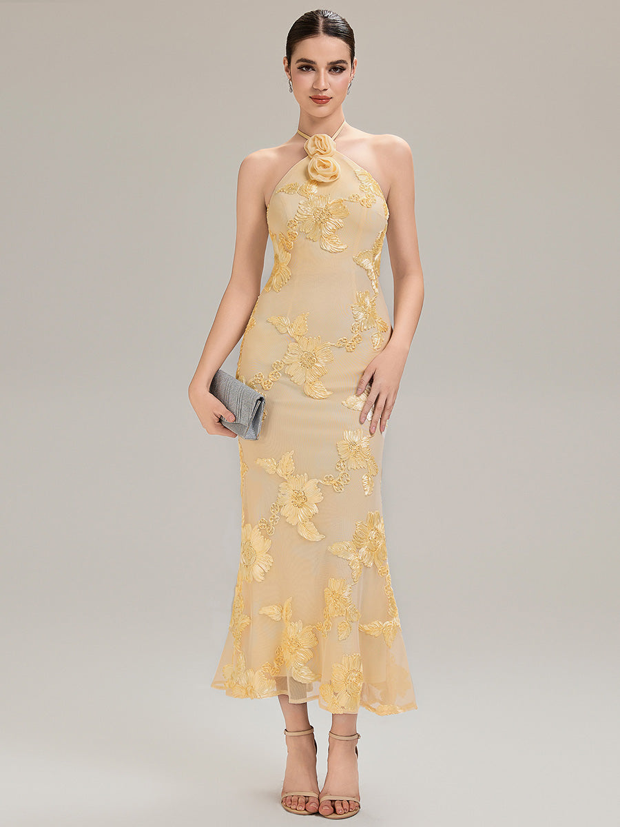 Color=Yellow | Custom Solutions Sleeveless Halter Neck Floral Fishtail High Stretch Evening Dresses-Yellow 23