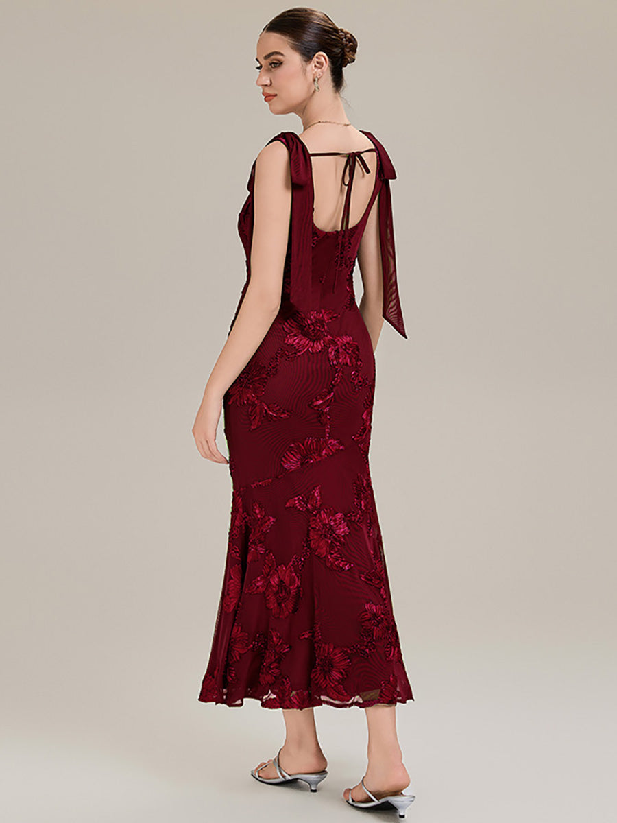 Color=Burgundy | Custom Solutions Sleeveless Strapless Fishtail Maxi Dress with Tie-Front Evening Dresses-Burgundy 2