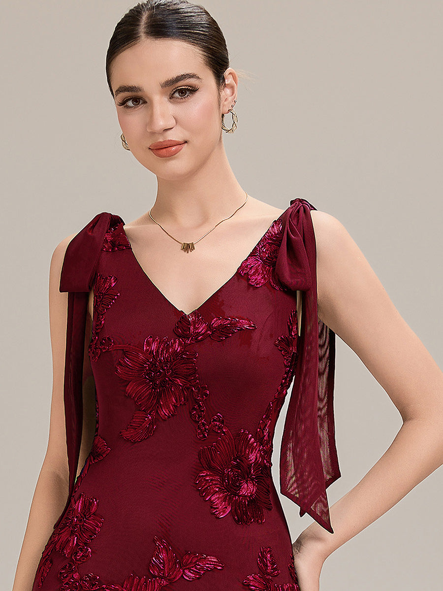 Color=Burgundy | Custom Solutions Sleeveless Strapless Fishtail Maxi Dress with Tie-Front Evening Dresses-Burgundy 3
