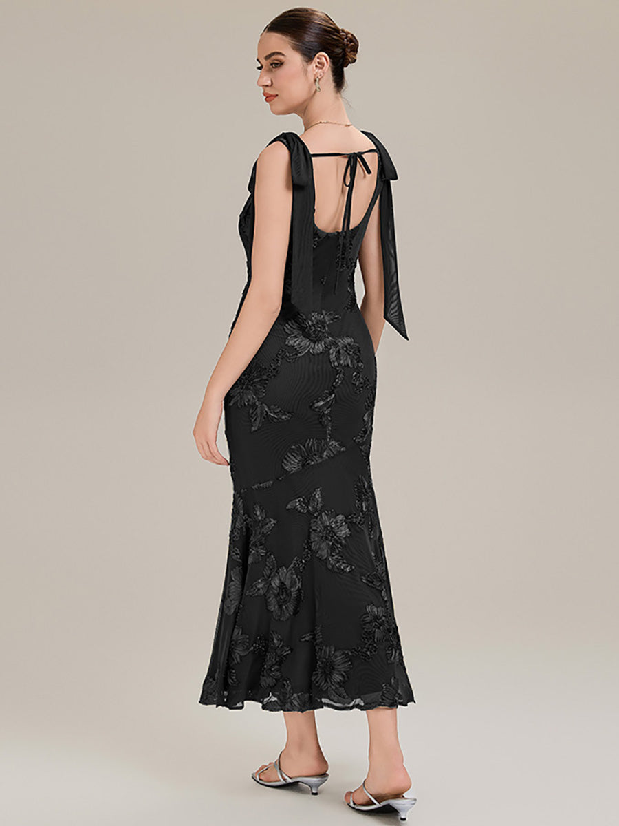 Color=Black | Custom Solutions Sleeveless Strapless Fishtail Maxi Dress with Tie-Front Evening Dresses-Black 5