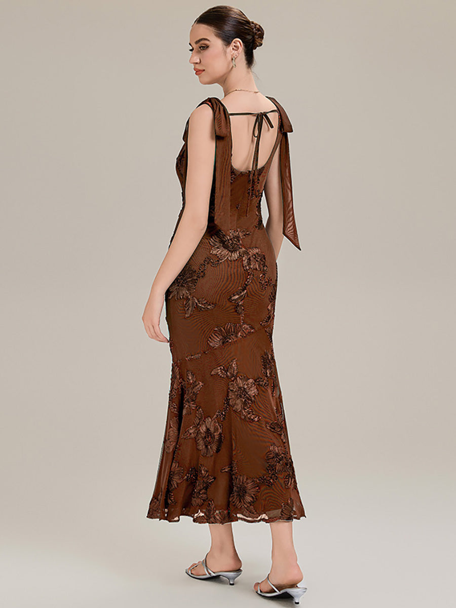 Color=Brown | Custom Solutions Sleeveless Strapless Fishtail Maxi Dress with Tie-Front Evening Dresses-Brown 8