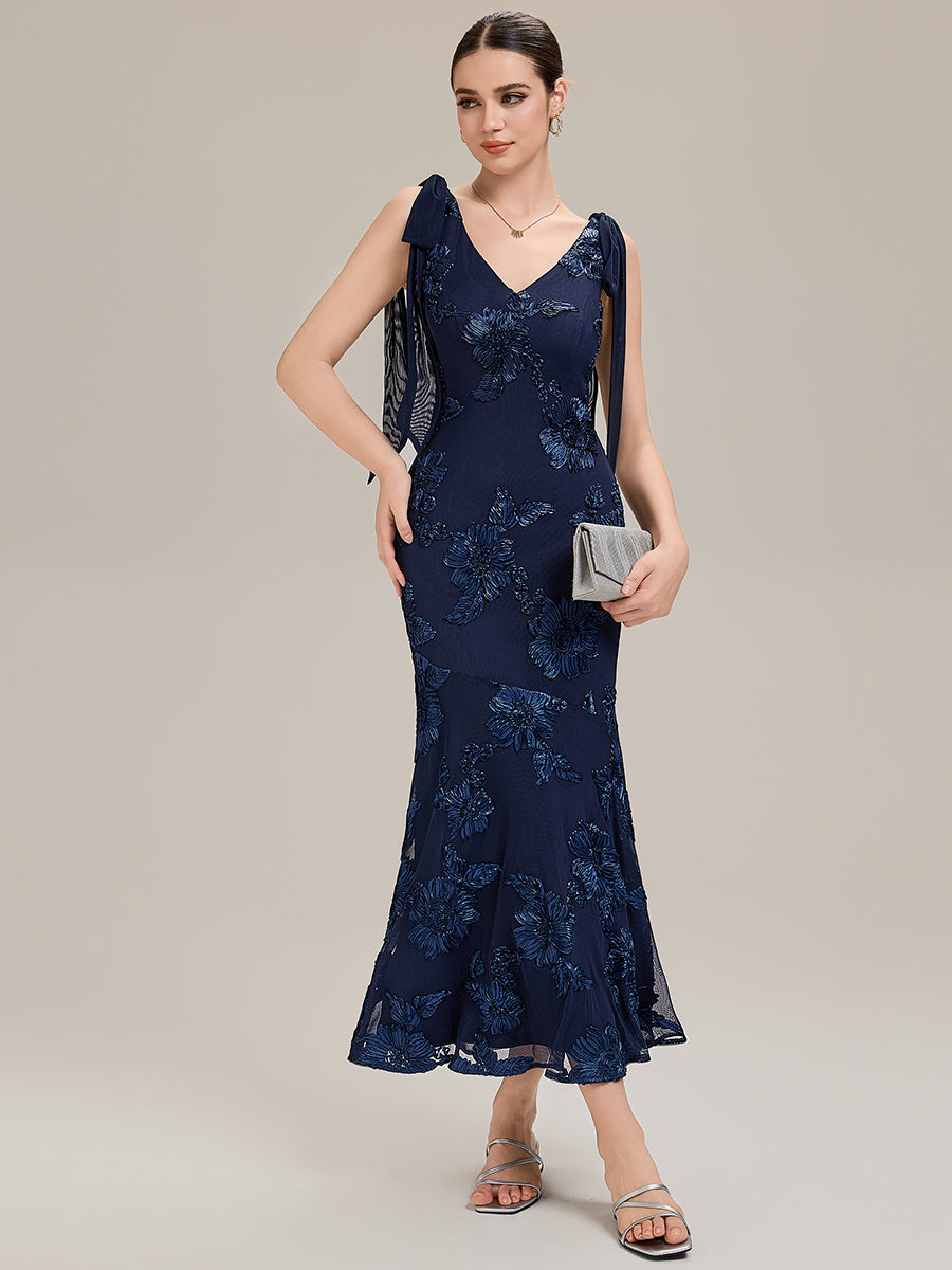 Color=Navy Blue | Custom Solutions Sleeveless Strapless Fishtail Maxi Dress with Tie-Front Evening Dresses-Navy Blue 16
