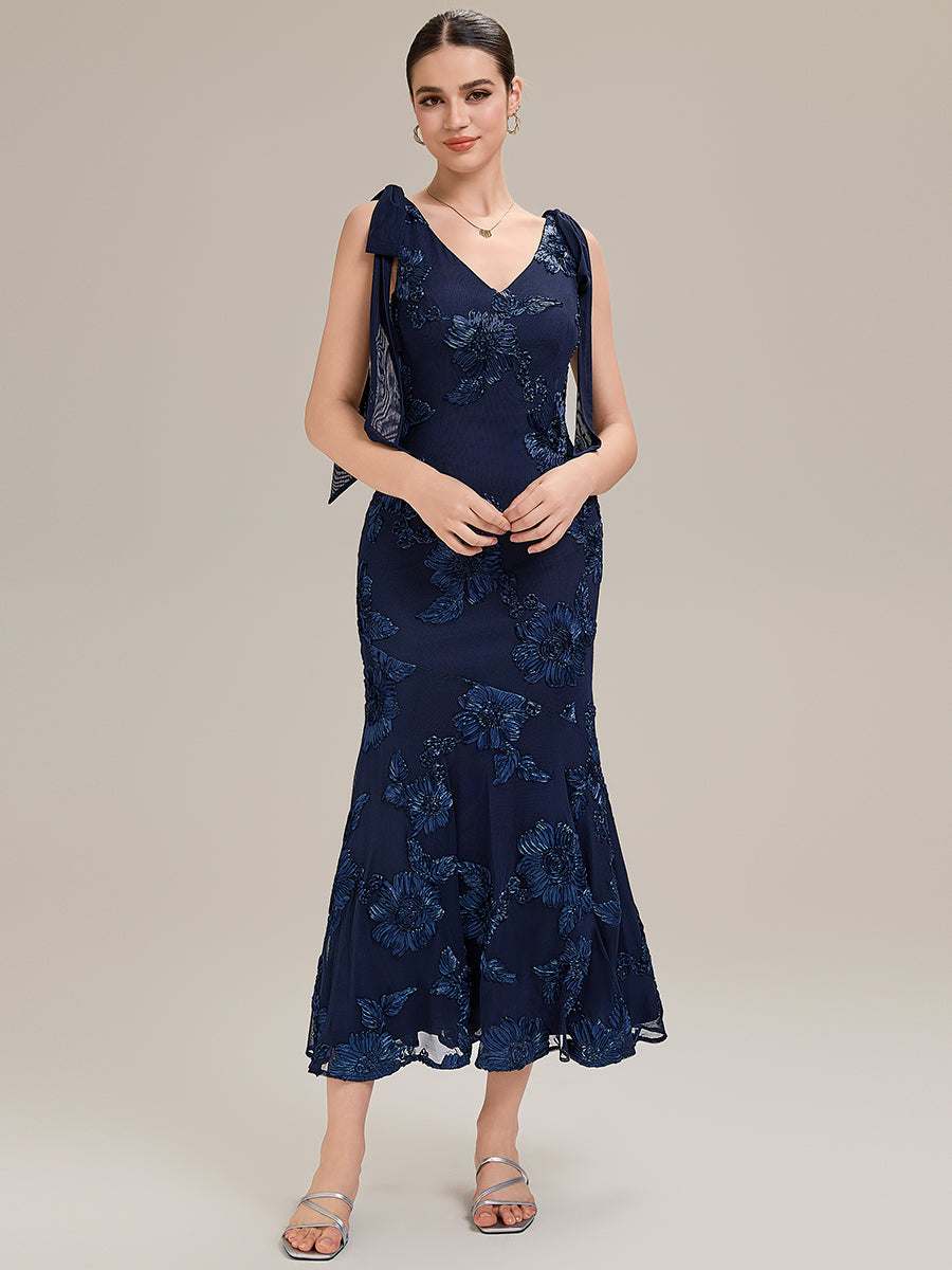 Color=Navy Blue | Custom Solutions Sleeveless Strapless Fishtail Maxi Dress with Tie-Front Evening Dresses-Navy Blue 17