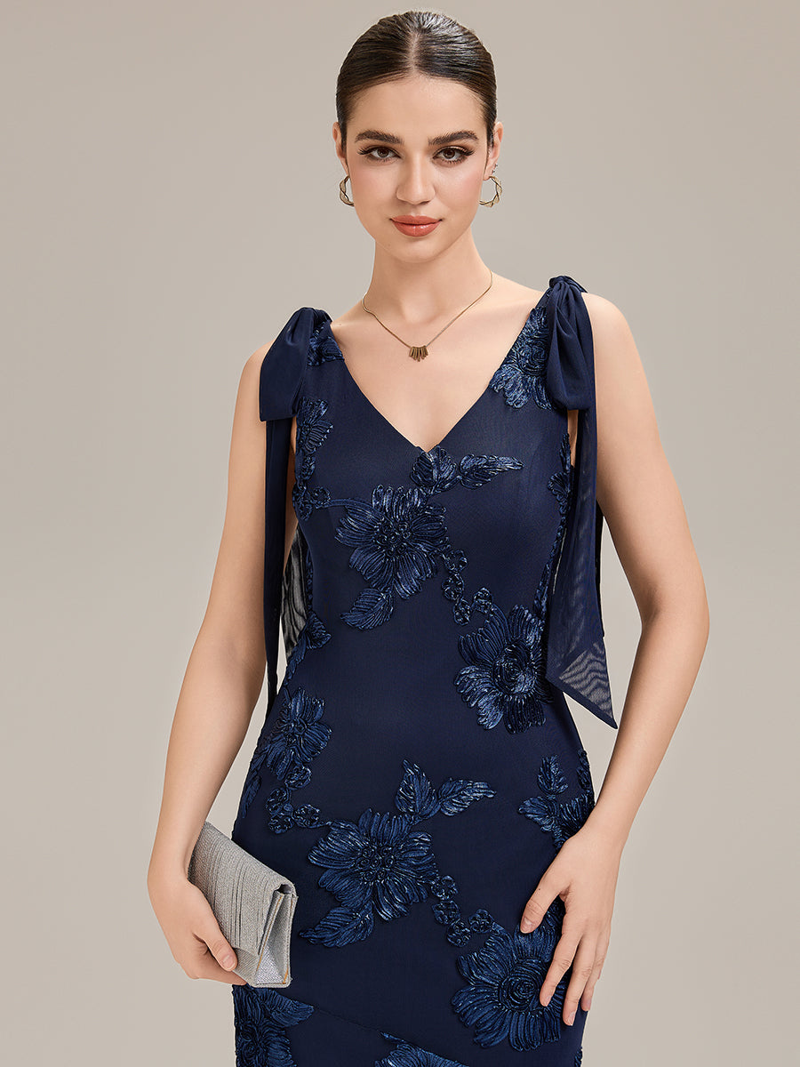 Color=Navy Blue | Custom Solutions Sleeveless Strapless Fishtail Maxi Dress with Tie-Front Evening Dresses-Navy Blue 15