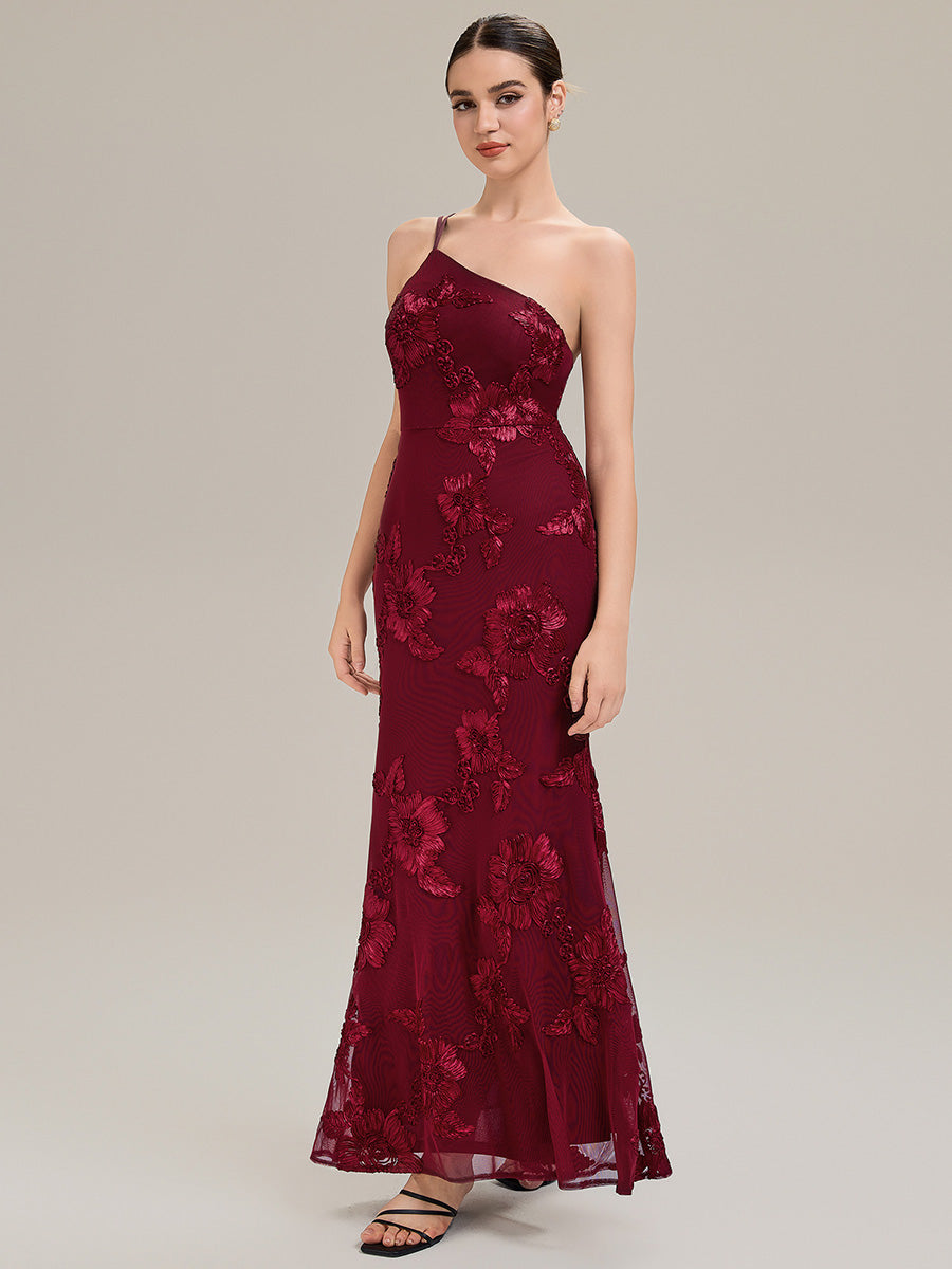 Color=Burgundy | Custom Made Sleeveless Asymmetrical Floral Fishtail High Stretch Evening Dresses-Burgundy 4