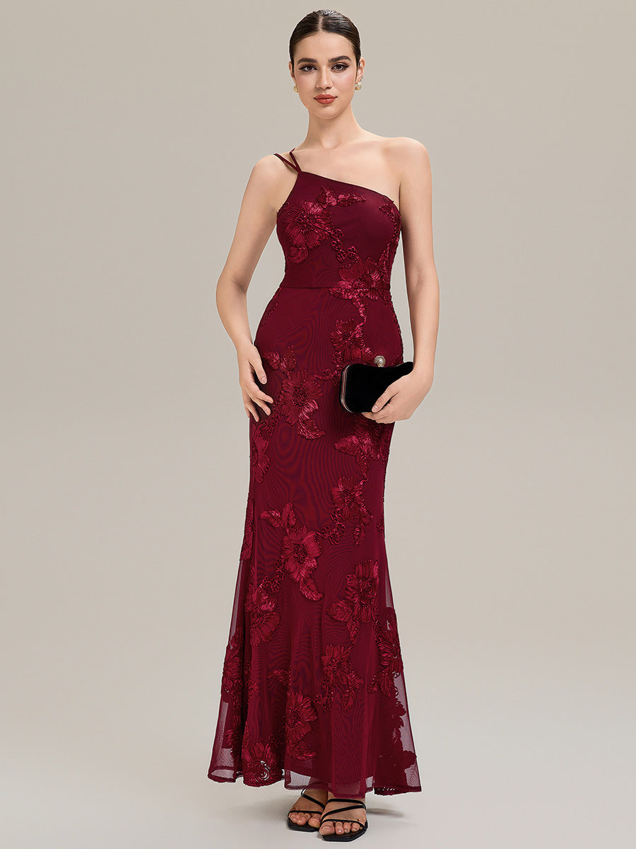 Color=Burgundy | Custom Made Sleeveless Asymmetrical Floral Fishtail High Stretch Evening Dresses-Burgundy 5
