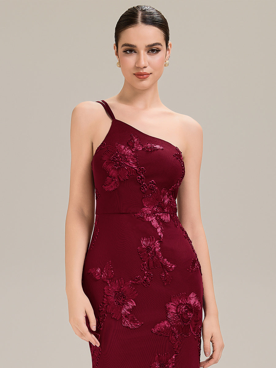 Color=Burgundy | Custom Made Sleeveless Asymmetrical Floral Fishtail High Stretch Evening Dresses-Burgundy 3
