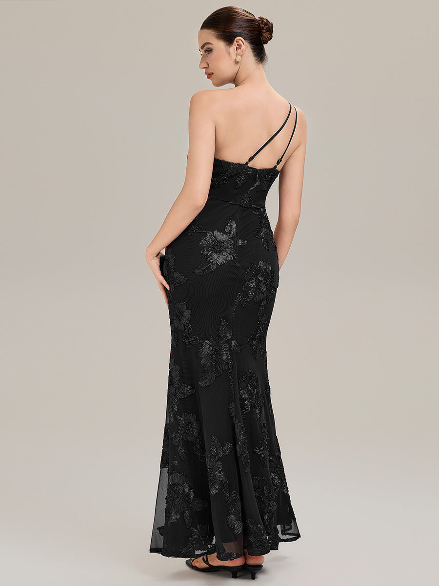 Color=Black | Custom Made Sleeveless Asymmetrical Floral Fishtail High Stretch Evening Dresses-Black 7