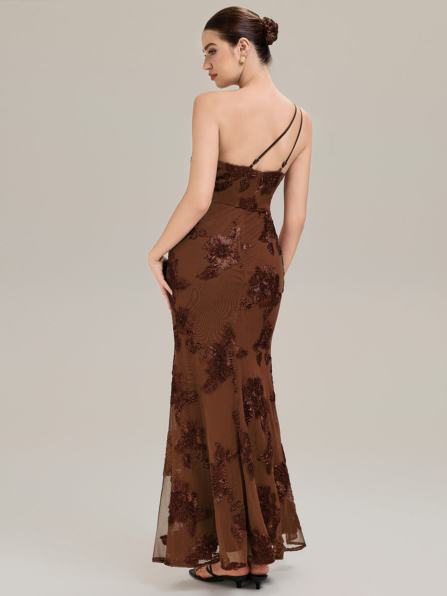 Color=Brown | Custom Made Sleeveless Asymmetrical Floral Fishtail High Stretch Evening Dresses-Brown 10