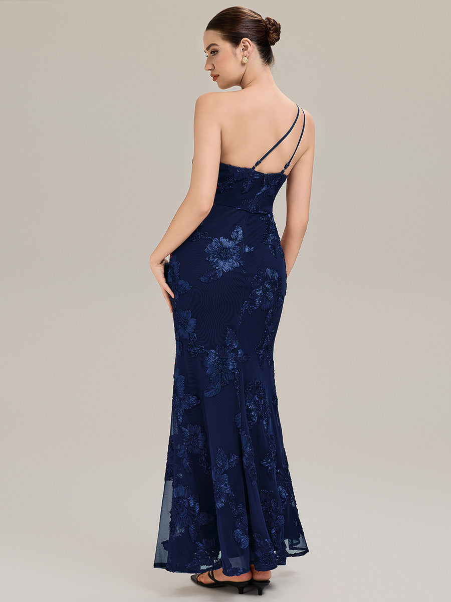 Color=Navy Blue | Custom Made Sleeveless Asymmetrical Floral Fishtail High Stretch Evening Dresses-Navy Blue 16