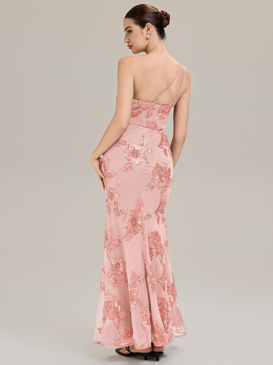Color=Pink | Custom Made Sleeveless Asymmetrical Floral Fishtail High Stretch Evening Dresses-Pink 19
