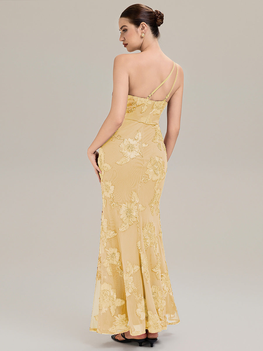 Color=Yellow | Custom Made Sleeveless Asymmetrical Floral Fishtail High Stretch Evening Dresses-Yellow 22