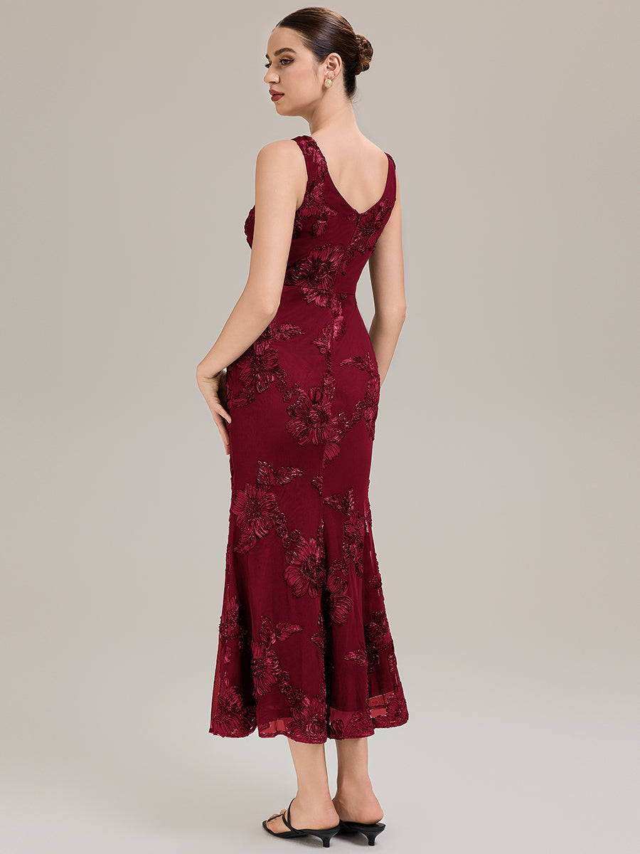Color=Burgundy | Custom Made Sleeveless Deep V-Neck Fishtail High Stretch Midi Evening Dresses-Burgundy 2