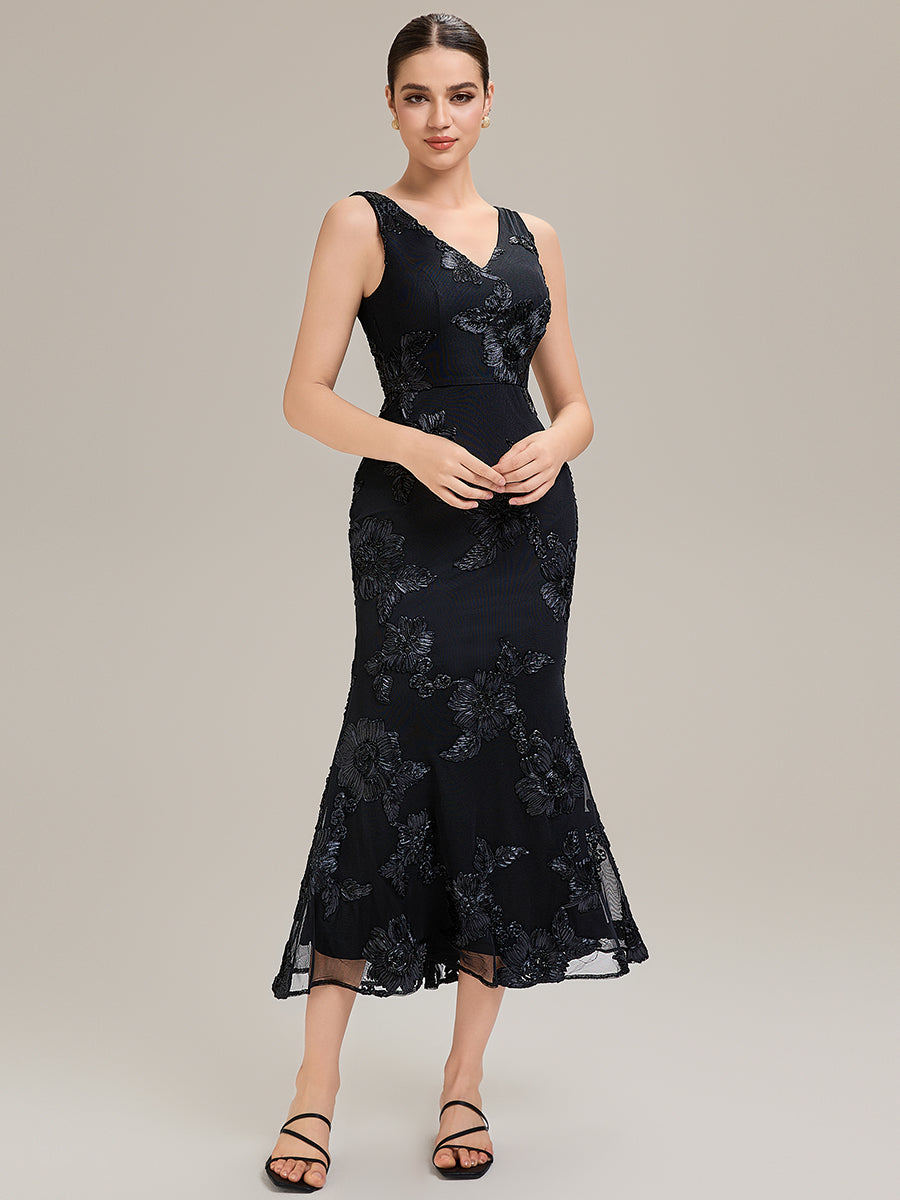Color=Black | Custom Made Sleeveless Deep V-Neck Fishtail High Stretch Midi Evening Dresses-Black 7