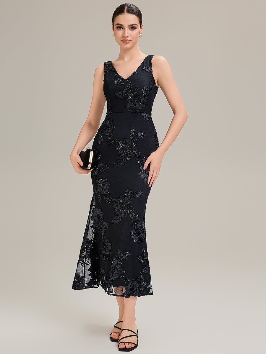 Color=Black | Custom Made Sleeveless Deep V-Neck Fishtail High Stretch Midi Evening Dresses-Black 8