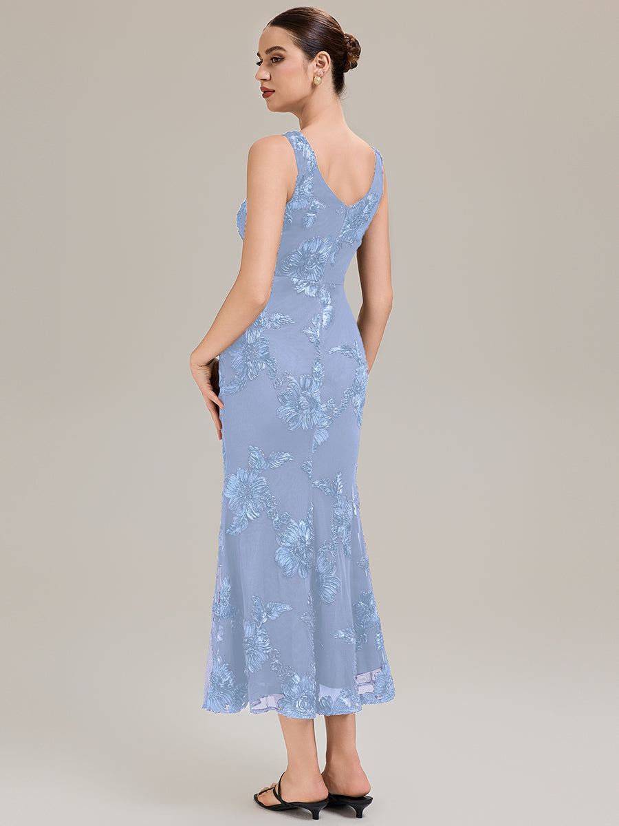 Color=Ice Blue | Custom Made Sleeveless Deep V-Neck Fishtail High Stretch Midi Evening Dresses-Ice Blue 13